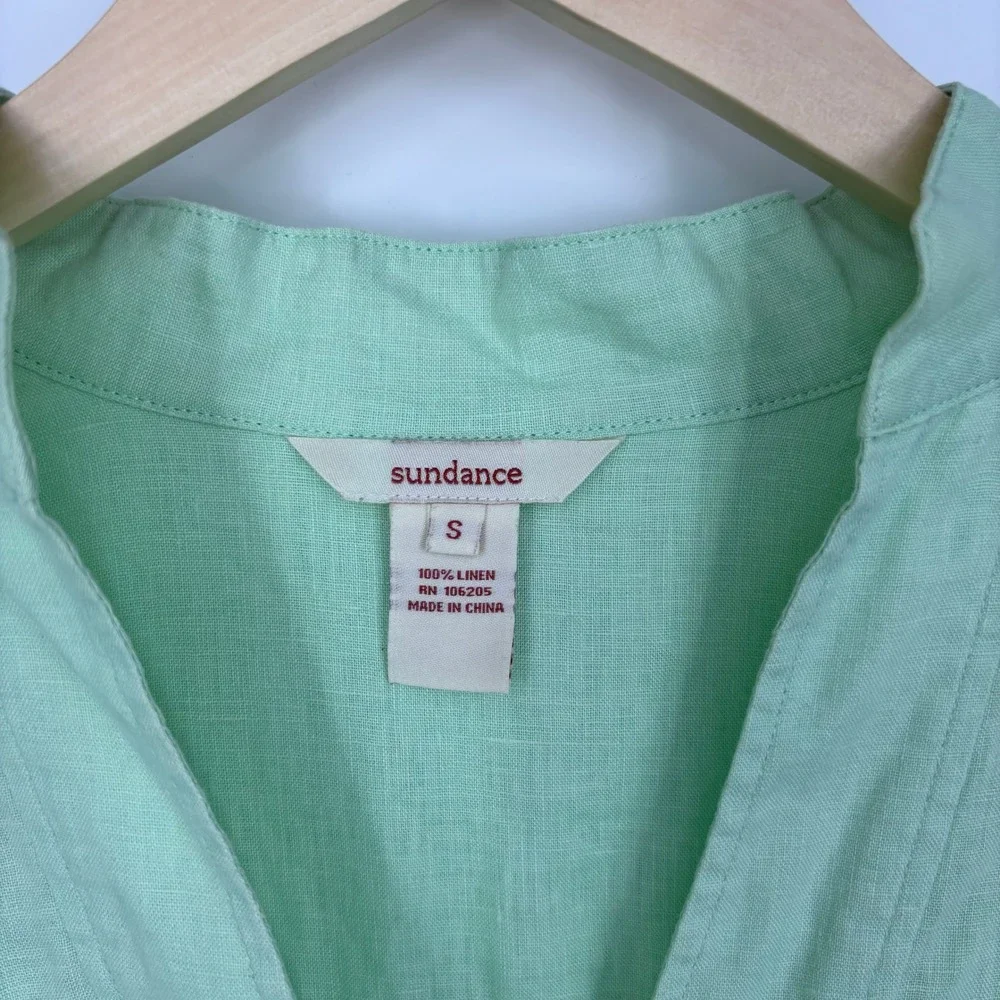 Sundance 100% Linen Split Neck Pullover Blouse Womens S Mint Green Pleated Back